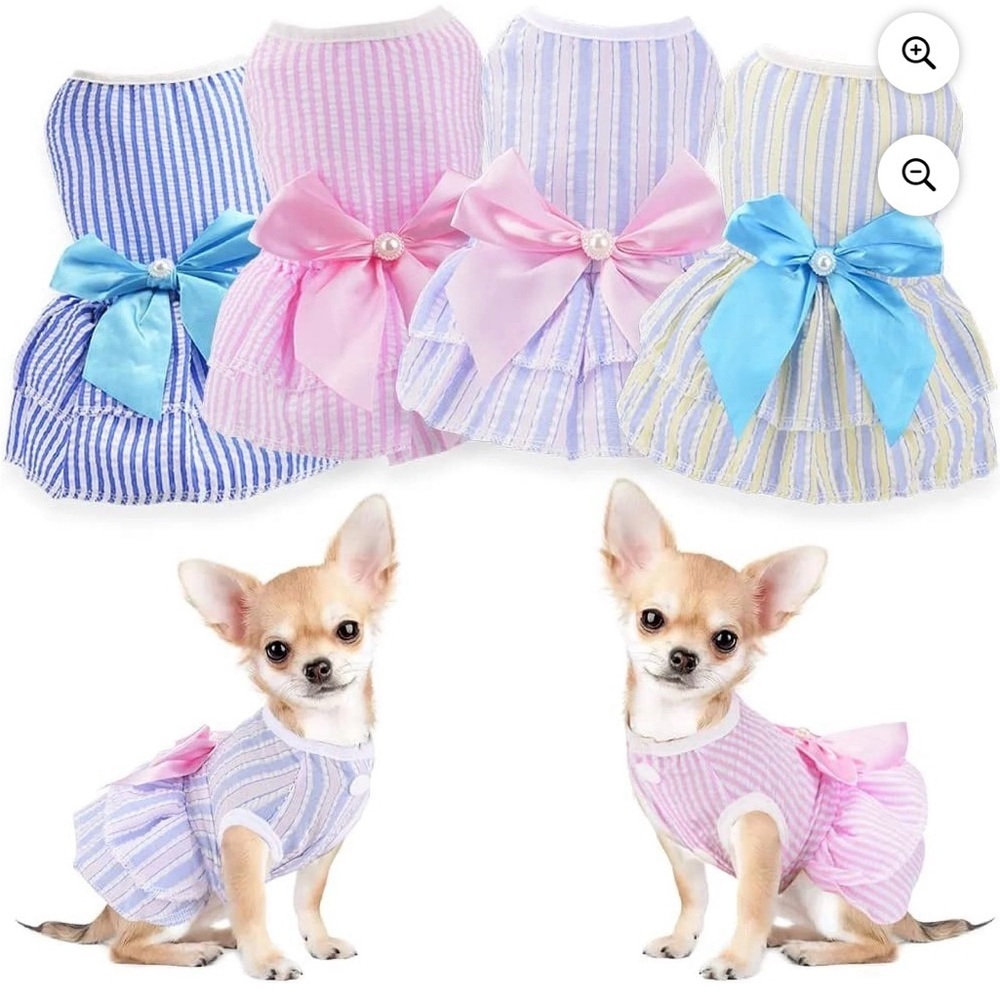 Striped Seersucker Dog Dresses with Satin Bow - Pink, Blue, Yellow